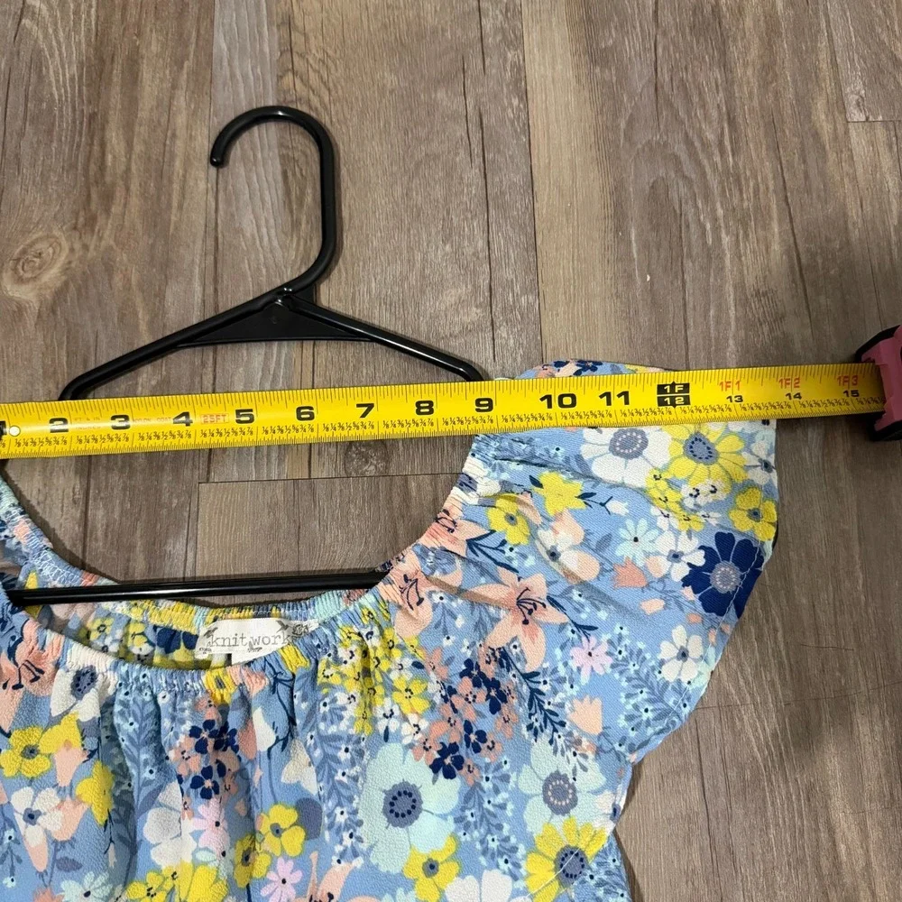 Knit Works Romper Girls 12 Blue Floral Ruffle Smocked Off The Shoulder One Piece